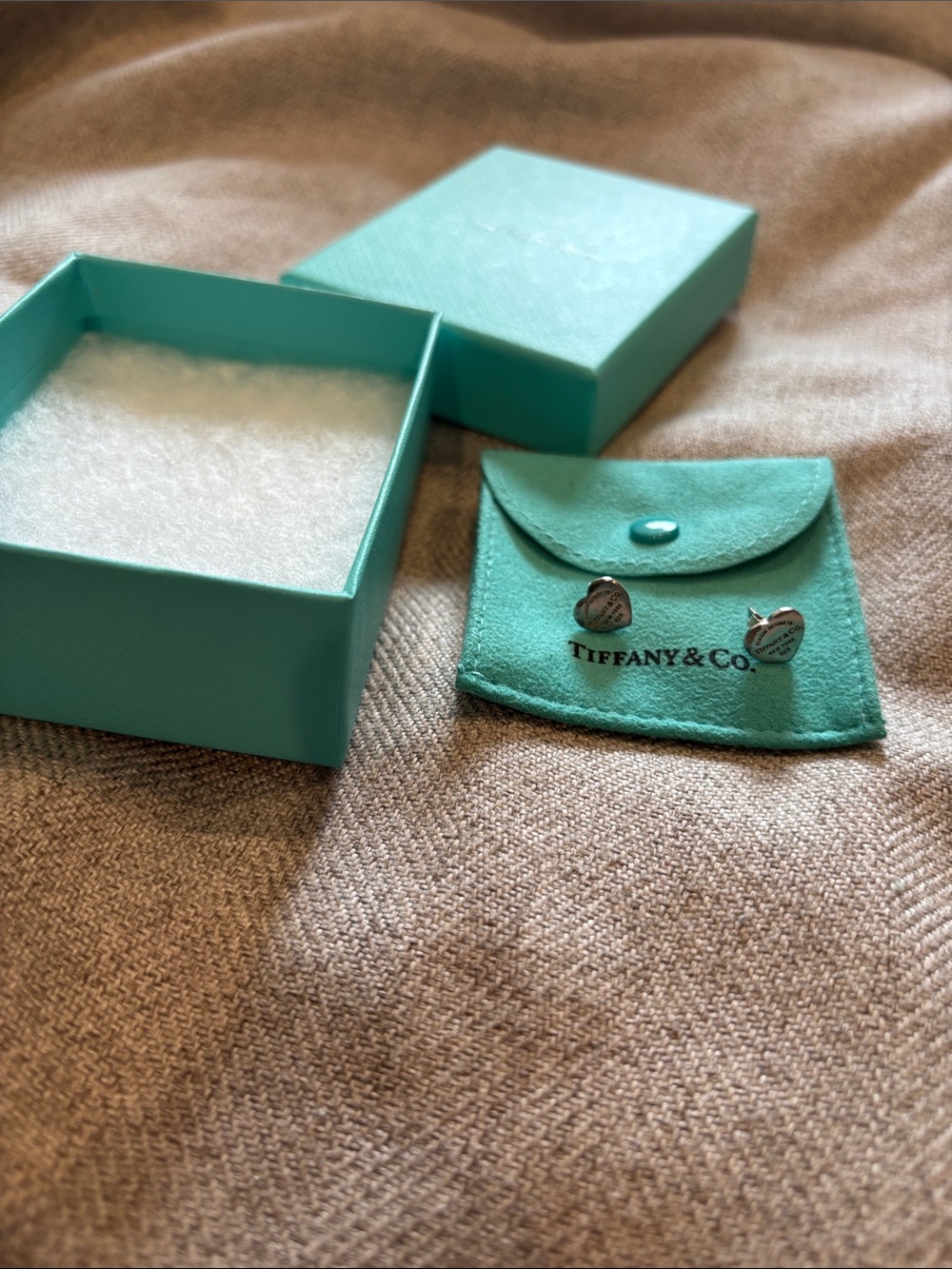 Tiffany & Co. Silver Heart Studs with Signature Blue Pouch